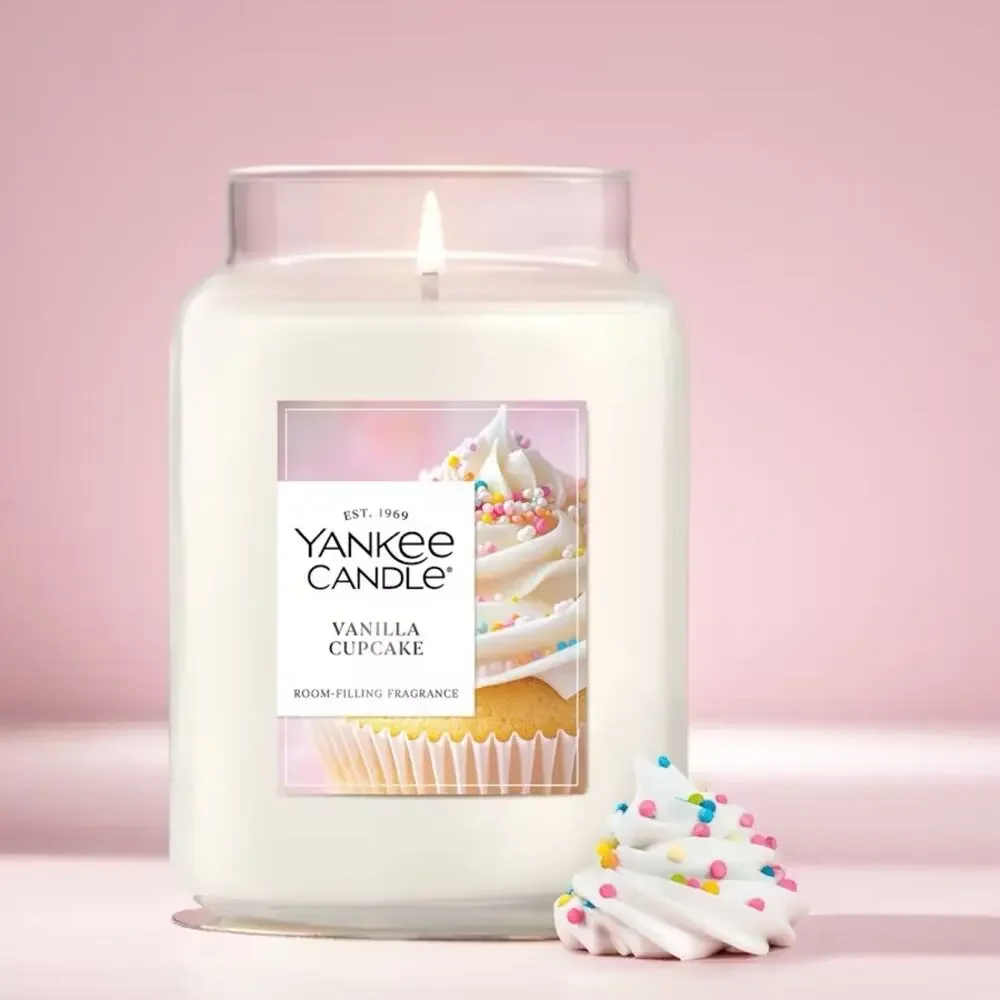 NEW YANKEE CANDLE Large Clear Glass Jar Lid Vessel Vanilla Cupcake White Wax
